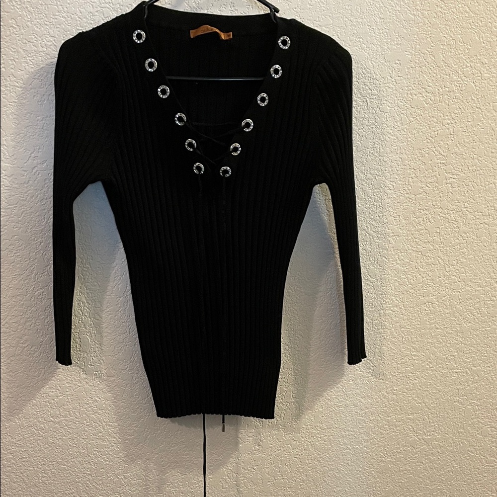 Belldini Black V-Neck Sweater with Silver & rhinestone grommets.